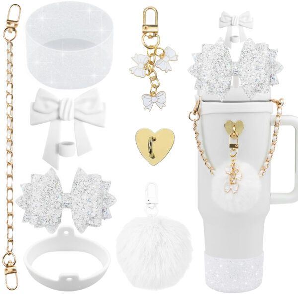 Wholesale stanley Cup Handheld Rope Silicone Cup Cover Straw Cap Bow Hanging Colorful Fluffy Ball Cup Chain Party Suit