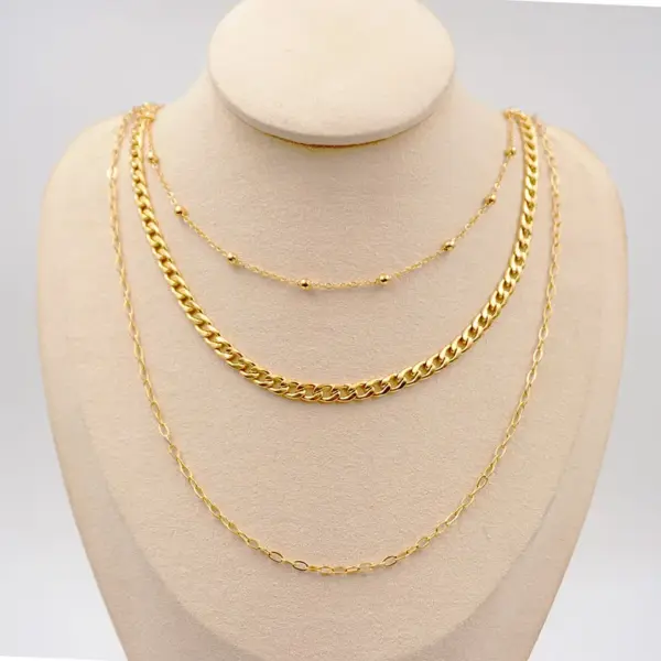 Wholesale Ferroalloy Solid Color Vacuum Plating Real Gold Plated Modern Style Classic Style Waterproof Non Tarnish Handmade Plating Cuban Link Chain Gold Three Layer Necklace