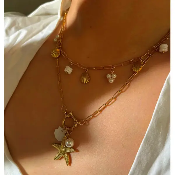 Wholesale 304 Stainless Steel Starfish Shell PVD Coated Imitation Pearl Natural Stone Natural Shell Real Gold Plated Nordic Style Beach Commute Waterproof Non Tarnish Irregular Surgical Steel Paperclip Chain Lobster Trigger Clasp Closure Gold Pendant Necklace