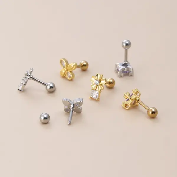 1 Piece 316L Stainless Steel Copper Zircon Ear Cartilage Rings & Studs Flower Butterfly Fish Tail Waterproof Non Tarnish Surgical Steel