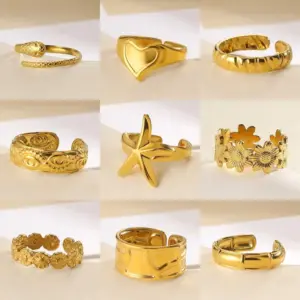 Wholesale 304 Stainless Steel Geometric Heart Shape Flower PVD Coated Stone-Free 18K Real Gold Plated IG Style Classic Style Waterproof Non Tarnish Plating Open Rings