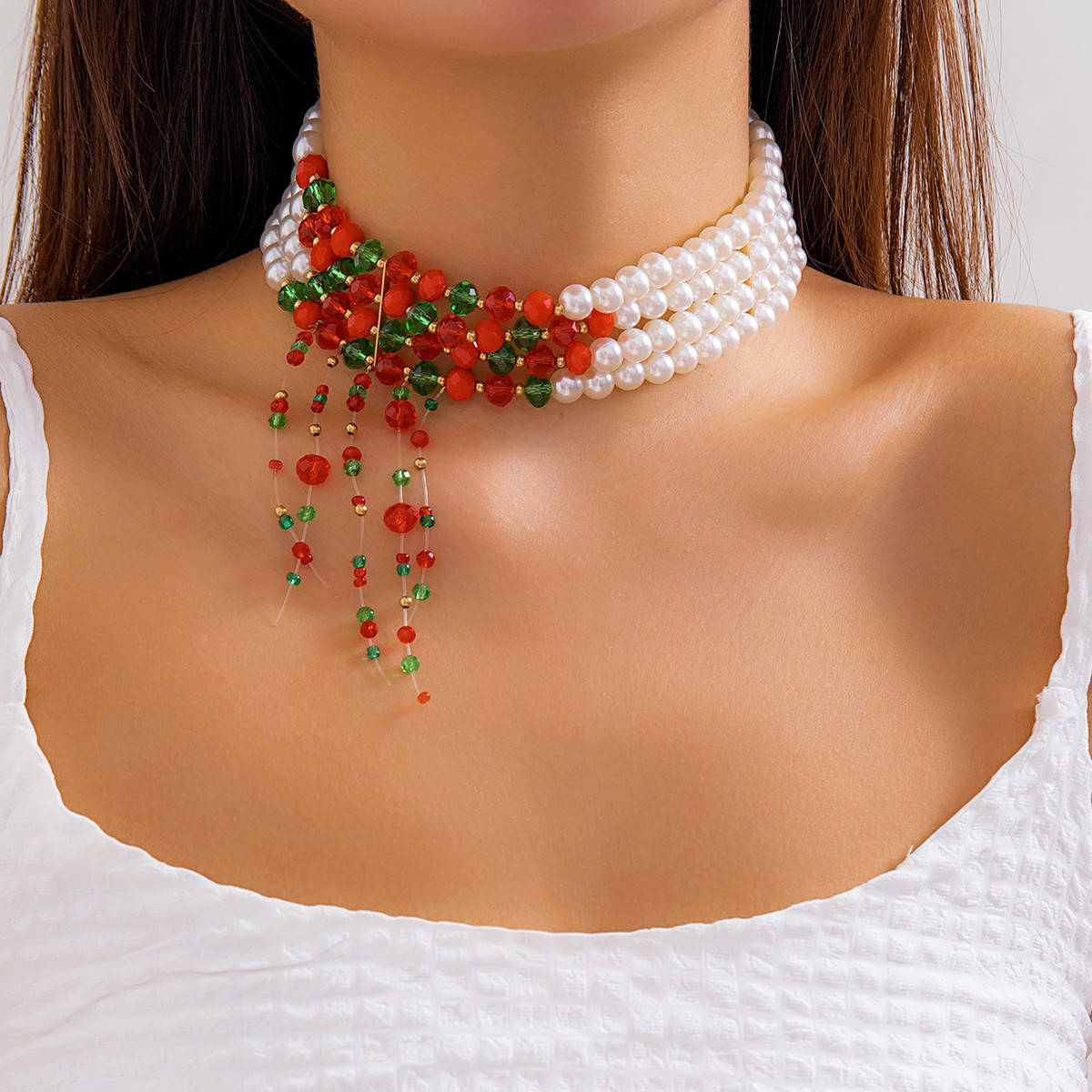 Wholesale Christmas Retro Gothic Tassel Round Bead Multi-layer Necklace