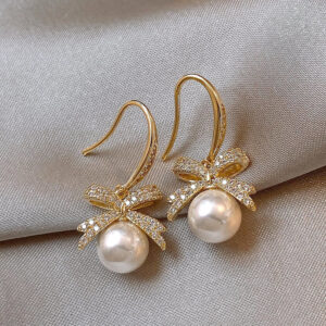 32-Gold Bow Pearl Earrings
