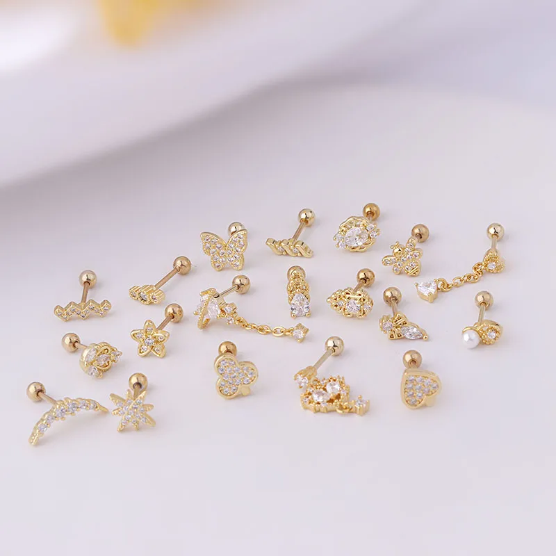 Wholesale 1 Piece 316L Stainless Steel Copper Ear Cartilage Rings & Studs Geometric Waterproof Non Tarnish Surgical Steel 18K Gold Plated Ear Stud