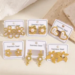 Wholesale Irregular Shape Pearl Flower Heart Snake Design Vacuum Plated 304 Stainless Steel Earrings Fashionable Casual Modern Style