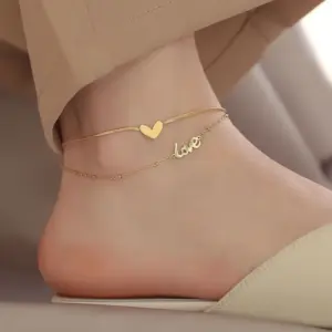 J057-Double-layer Letter Heart Anklet- Gold