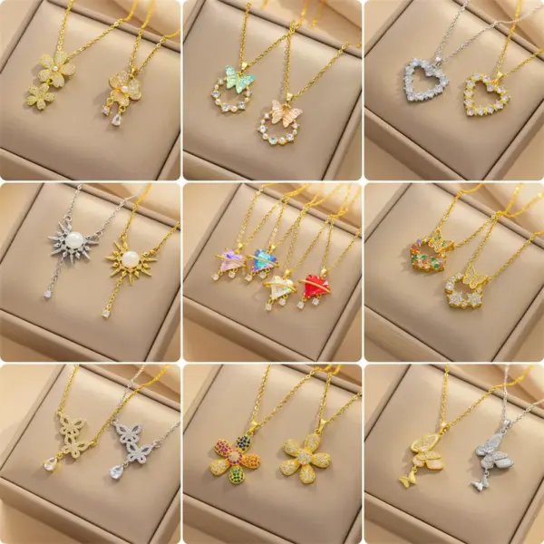 Ion Plating (IP) 18K Gold Plated Shamrock Sunflower Four Leaf Clover Titanium Steel Copper IG Style Simple Shiny Pendant Necklace