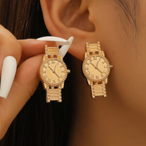 Wholesale High-end watches and earrings, unique and trendy gold watch earrings for street style.