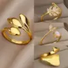 304 Stainless Steel Geometric Leaf PVD Coated Real Gold Plated Elegant Retro Lady Waterproof Non Tarnish Plating Open Rings
