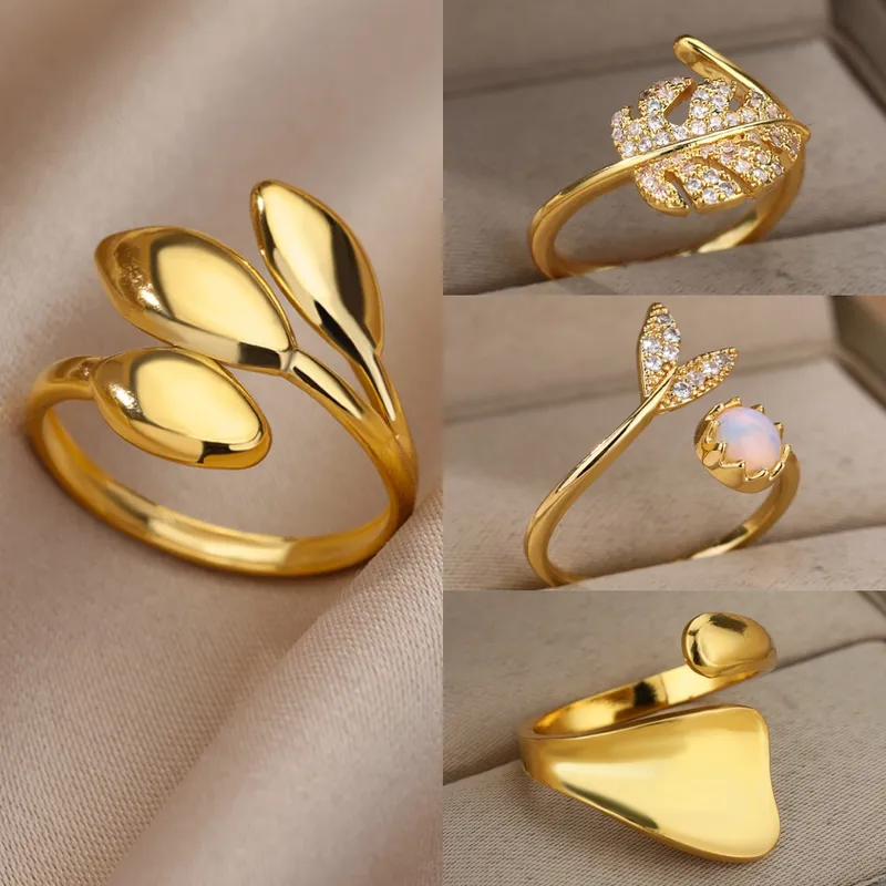 Wholesale 304 Stainless Steel Geometric Leaf PVD Coated Real Gold Plated Elegant Retro Lady Waterproof Non Tarnish Plating Open Rings