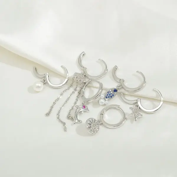 Wholesale Fashion Star Dolphin Copper Drop Earrings Asymmetrical Inlay Pearl Zircon Copper Earrings 3 Pairs