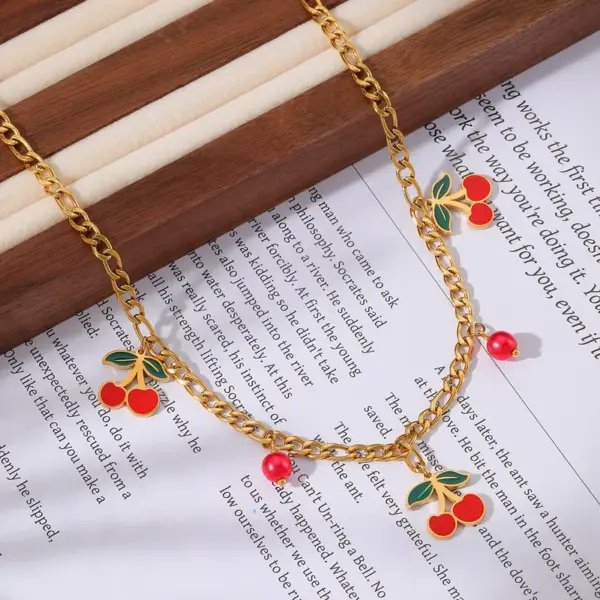 Wholesale Jewelry Elegant Sweet Cherry 304 Stainless Steel 18K Gold Plated Exy Inlay Jewelry Set
