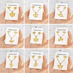 Wholesale Fashion Star Heart Shape Crown Stainless Steel Inlaid Gold Women's Earrings Necklace 1 Set