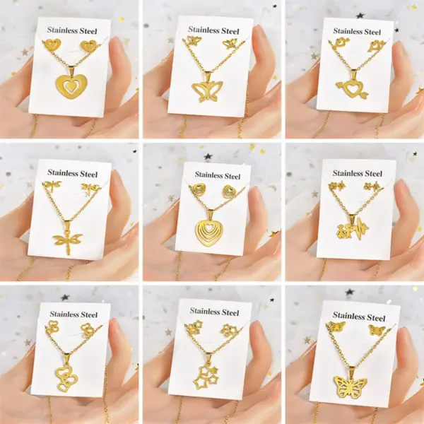 Wholesale Fashion Star Heart Shape Crown Stainless Steel Inlaid Gold Women's Earrings Necklace 1 Set