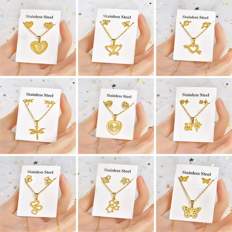 Wholesale Fashion Star Heart Shape Crown Stainless Steel Inlaid Gold Women's Earrings Necklace 1 Set