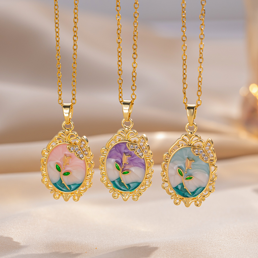 Wholesale French Mid-Century Style Rose Oval Lace Butterfly Clavicle Necklace Niche Elegant Aessible Luxury ip Glaze Design