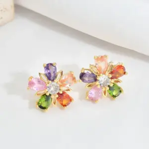 [Color Zirconium] Five Petal Flower Ear Studs / Gold