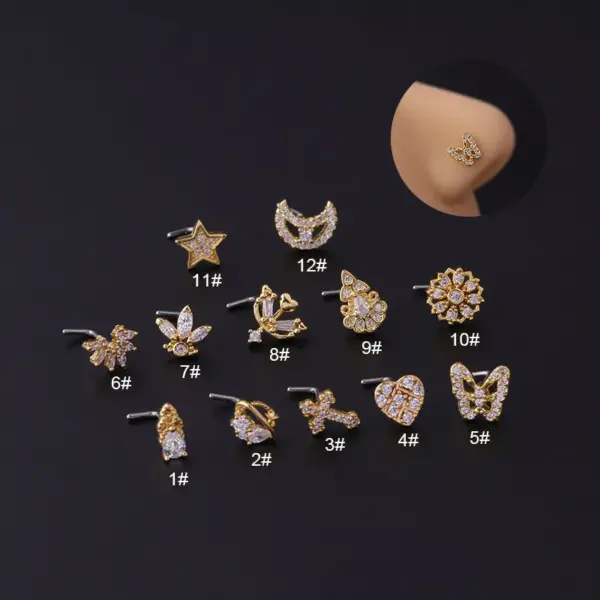 1 Piece 316L Stainless Steel Copper Zircon Nose Rings & Studs Flowers Butterfly Waterproof Non Tarnish Surgical Steel