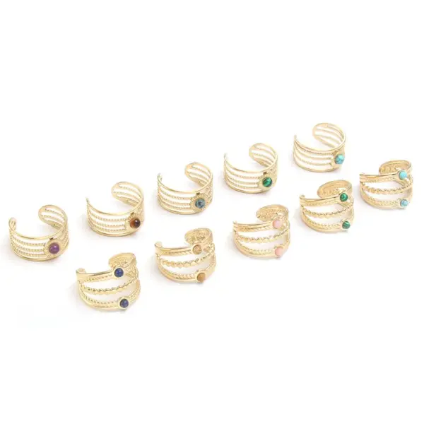 304 Stainless Steel 18K Gold Plated Baroque Style Modern Style Plating Hollow Out Inlay Round Natural Stone Open Ring