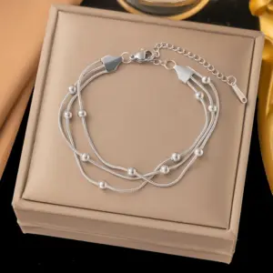 【E2086】Three-Layer Ball Bead Chain Bracelet / Steel Color