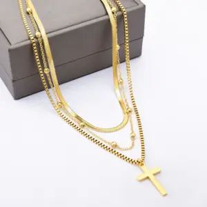 Wholesale 304 Stainless Steel Cross PVD Coated 18K Real Gold Plated Vacation Streetwear Waterproof Non Tarnish Layered Necklaces