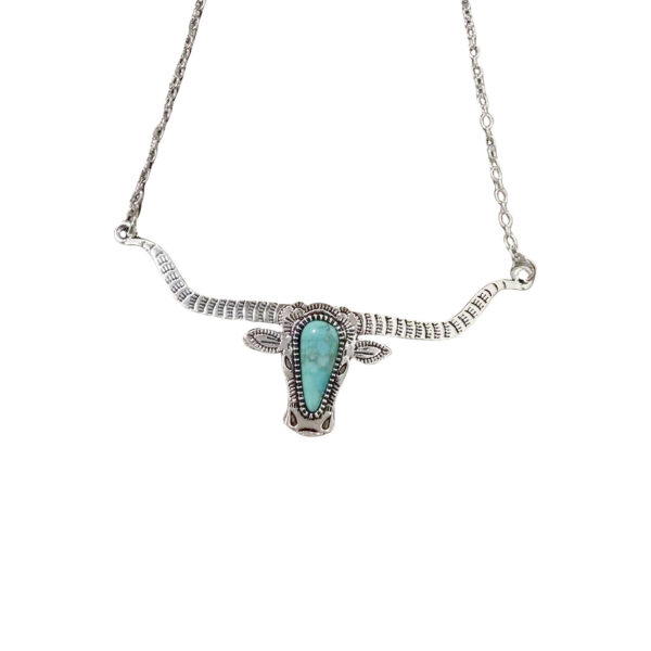 Wholesale Zhuo Xuan Cross-Border European and American Retro Long-Horned Cow Head Inlaid Turquoise Necklace Stylish Niche Western Ethnic Style Clavicle Chain