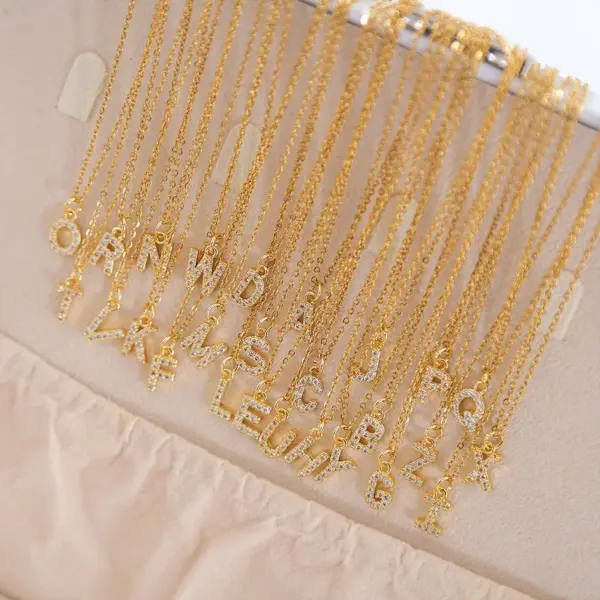 Wholesale 304 Stainless Steel Copper Letter Vacuum Plating Zircon 18K Real Gold Plated Streetwear Plating Inlay Pendant Necklace