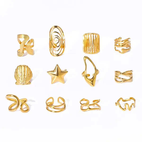 Wholesale 304 Stainless Steel Pentagram Geometric Spiral Stripe PVD Coated 18K Gold 18K Real Gold Plated Real Gold Plated Vintage Style Modern Style Simple Style Waterproof Non Tarnish Rings