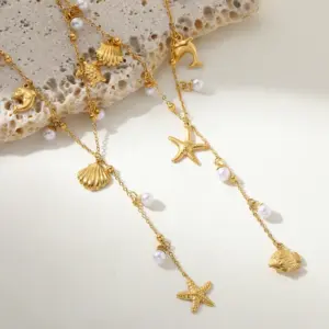 Wholesale PVD Coated Real Gold Plated 18K Gold Tortoise Starfish Shell 304 Stainless Steel Princess Glam Lady Waterproof Non Tarnish 304 Stainless Steel Lobster Trigger Clasp Closure Necklace