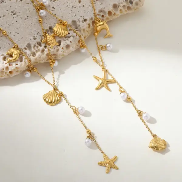 Wholesale PVD Coated Real Gold Plated 18K Gold Tortoise Starfish Shell 304 Stainless Steel Princess Glam Lady Waterproof Non Tarnish 304 Stainless Steel Lobster Trigger Clasp Closure Necklace