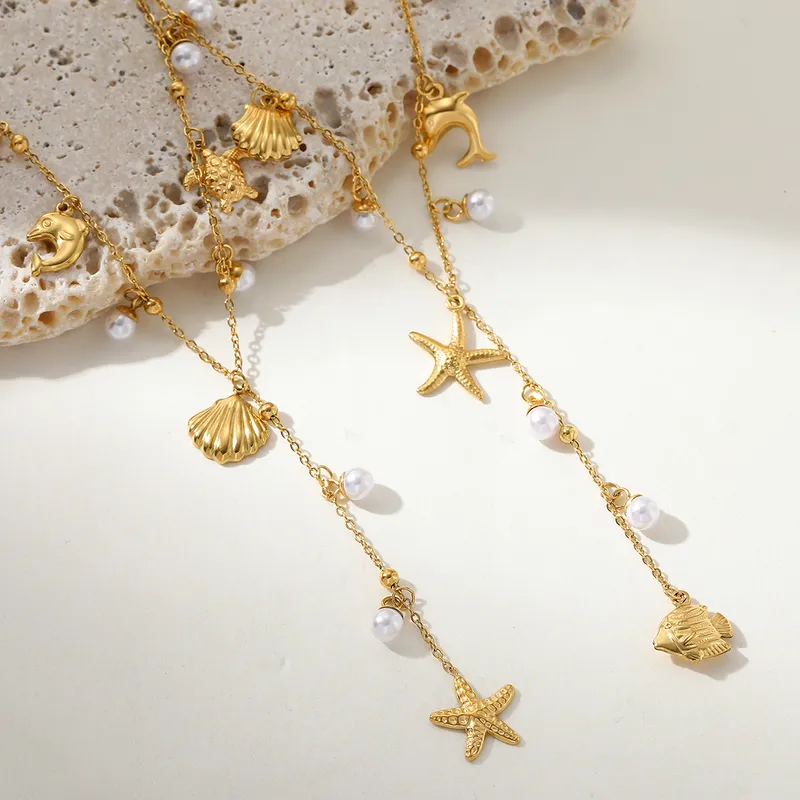 Wholesale PVD Coated Real Gold Plated 18K Gold Tortoise Starfish Shell 304 Stainless Steel Princess Glam Lady Waterproof Non Tarnish 304 Stainless Ste