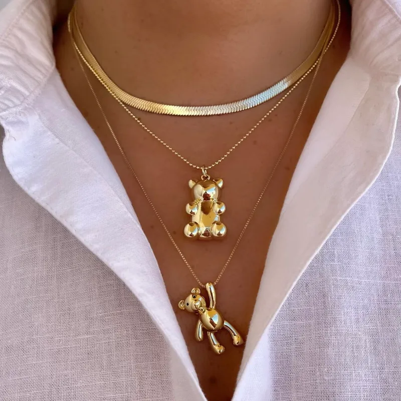 Wholesale Hip Hop Cuban Link Chain Bear Pendant Necklace Snake Chain Choker Copper With 18k Gold Plated Jewelry Necklace Chain Set Women