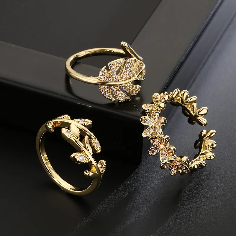 Wholesale Fashion Copper 18k Gold Zircon Leaf Geometric Shape Open Ring Female