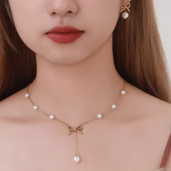 Wholesale Jewelry Simple Style Classic Style Bow Knot 304 Stainless Steel Artificial Pearls 18K Gold Plated Jewelry Set