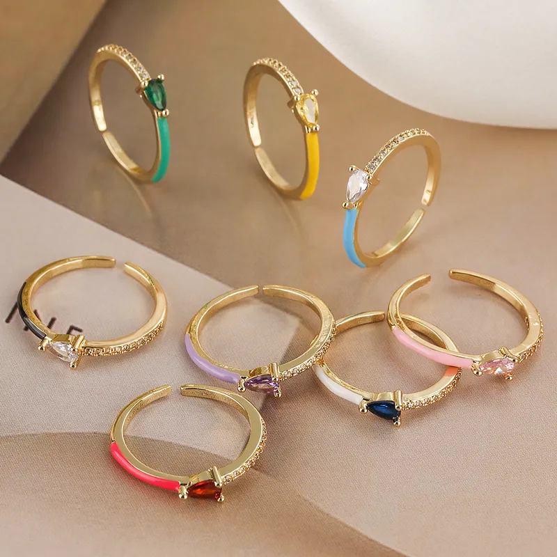 Wholesale Simple Style Water oplets Copper 18k Gold Plated Zircon Open Ring In Bulk