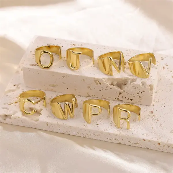 Wholesale PVD Coated Real Gold Plated Letter 304 Stainless Steel Hip-Hop Punk Cool Style Waterproof Non Tarnish Wide Band Rings