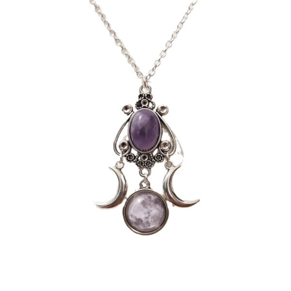Wholesale Eucalyptus Cross-border Trade Triple Moon Goddess Necklace Amethyst Jewelry Retro Creative Personality Alloy Necklace