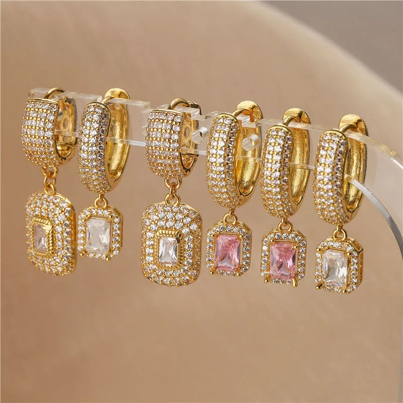Wholesale 1 Pair Elegant Shiny Square Plating Inlay Copper Artificial Diamond 18k Gold Plated op Earrings