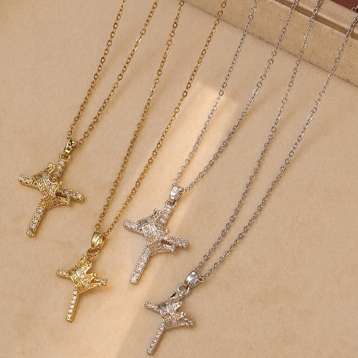 Wholesale Necklace Women's European and American Fashion New Crown Cross Necklace Real Gold Electroplating Elegant Niche Design Jewelry
