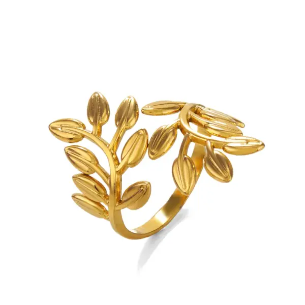 PVD Coated 18K Gold Plated Leaves 304 Stainless Steel IG Style Waterproof Non Tarnish Open Rings
