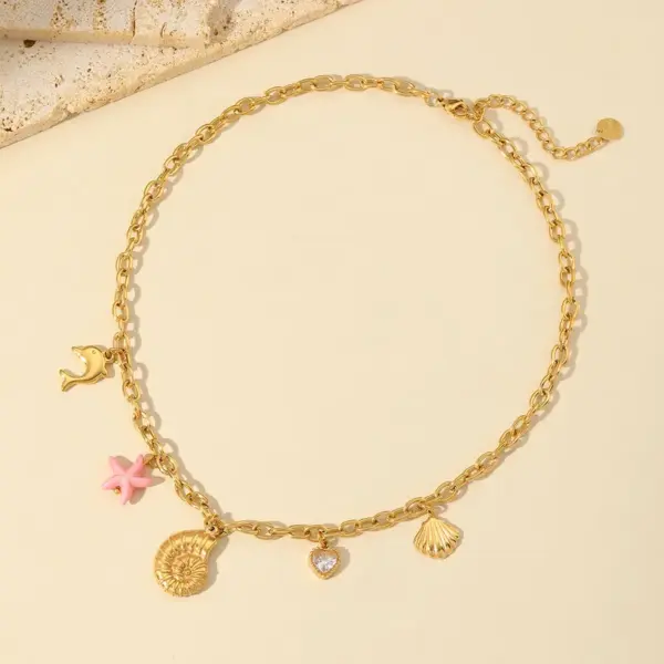 Ion Plating (IP) 18K Gold Plated Star Heart Shape Shell 304 Stainless Steel Sweet Pendant Necklace Multi Charms