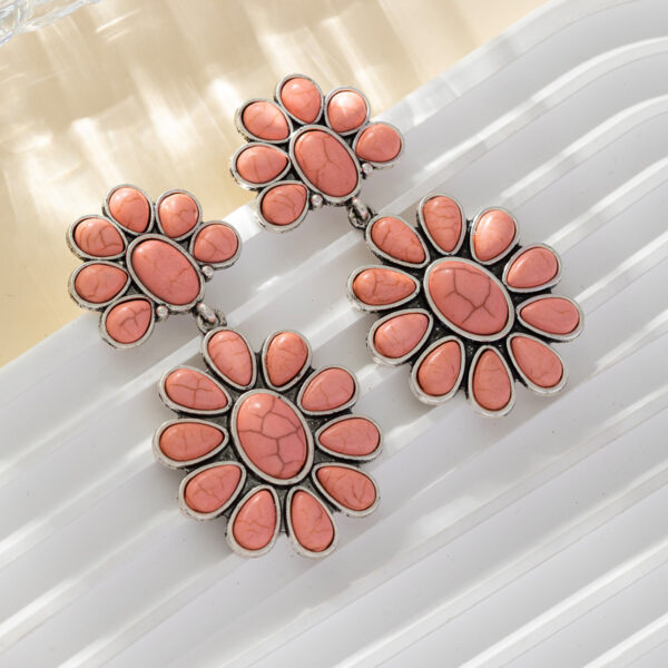 Wholesale European and American Hot Double Flower Design Classic Elegant Elegant Bohemian Turquoise Alloy Drop Earrings