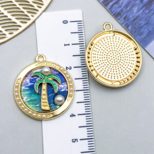 1 blue round pearl coconut tree 28x24x5mm-3.4g-23571 / Monet garden oil painting style three-dimensional pendant