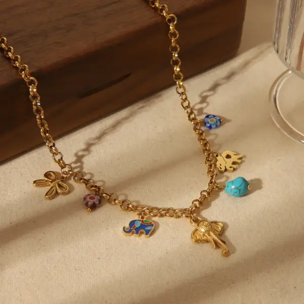 Wholesale Ion Plating (IP) 18K Gold Plated Elephant Butterfly Bow Knot 304 Stainless Steel Vintage Style Simple Artistic Pendant Necklace