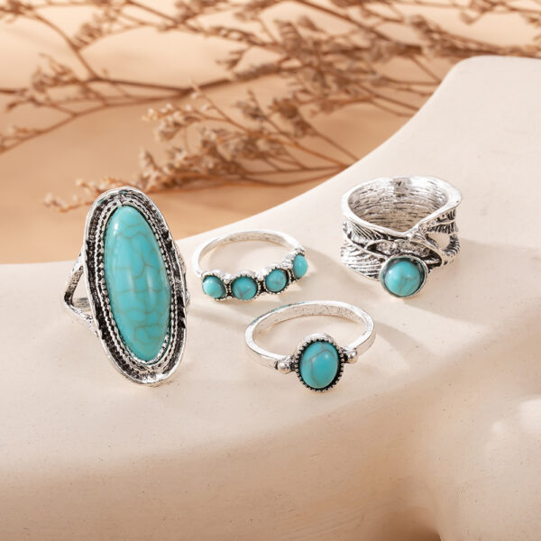 Wholesale Foreign trade new combination ring European and American retro bohemian feather large turquoise 4-piece set ring