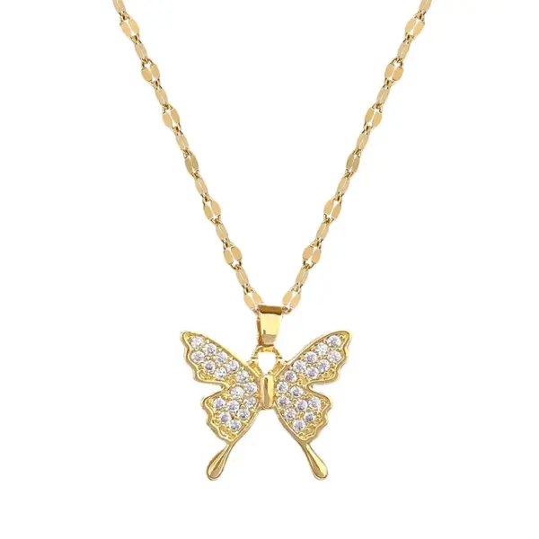Wholesale Golden Plated 304 Stainless Steel Electroplating Artificial Gemstones Butterfly Sweet Cable Chain Pendant Necklace For Women'S