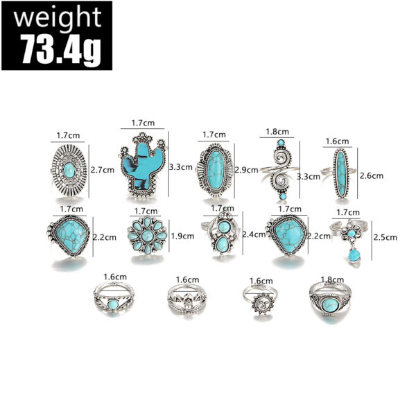 Wholesale Retro Bohemian turquoise cactus carved 14-piece set ring factory direct Amazon New