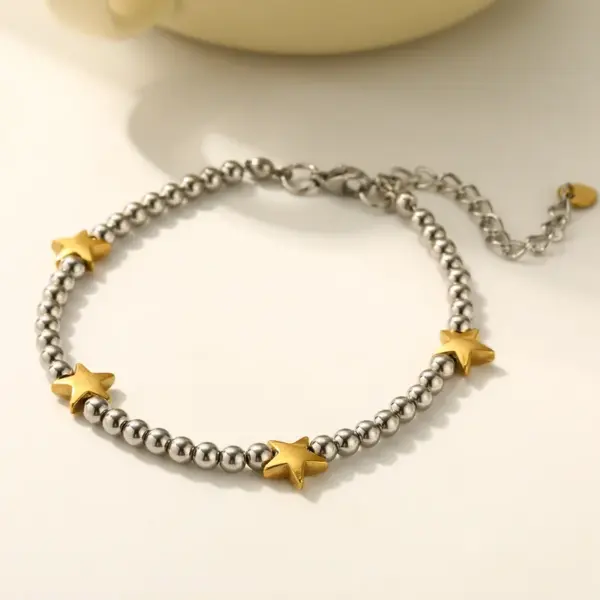 Square Star Vacuum Plating (In Furnace) 18K Real Gold Plated 303 Stainless Steel No Inlay Material Beaded Chain Bracelet For Women