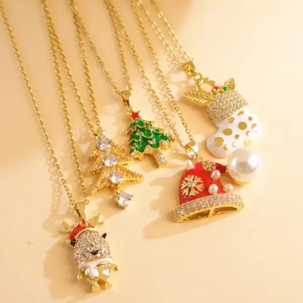 Titanium Steel Copper Cable Chain Enamel Inlay Christmas Hat Santa Claus Christmas Socks Pearl Zircon Pendant Necklace