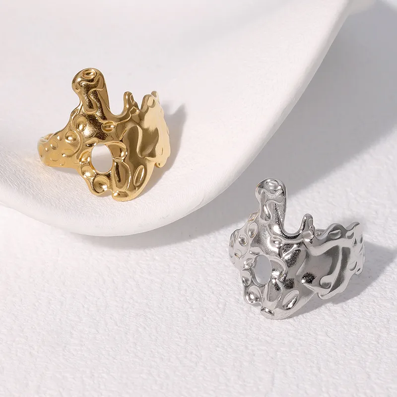 Wholesale PVD Coated Real Gold Plated 18K Gold Irregular 304 Stainless Steel Cool Style IG Style Waterproof Non Tarnish Open Rings